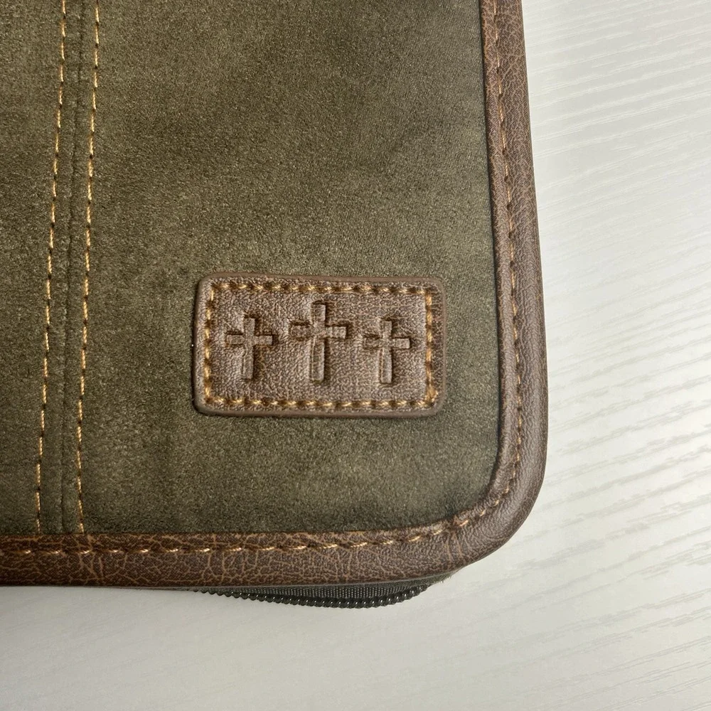 Zondervan XL Bible Cover Green Suede with Brown Trim, Handle, Zipper 11